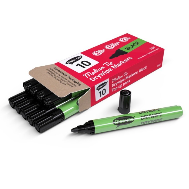 Show-me® Medium Tip Slim Barrel Dry Erase Markers, Black, Box of 10