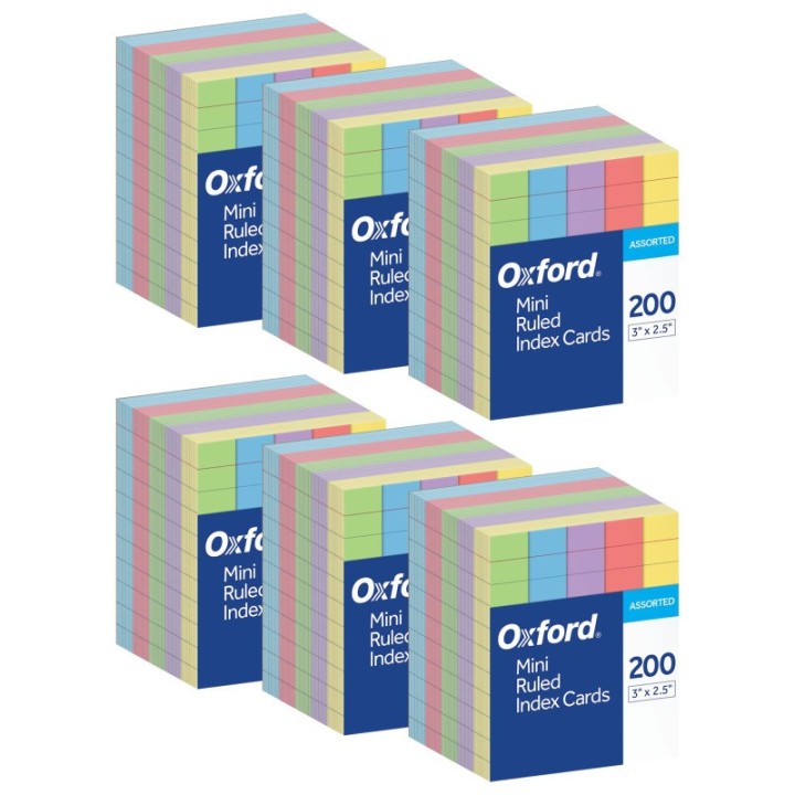 Oxford® Mini Index Cards, 3" x 2.5", Ruled, Assorted Colors, 200 Per Pack, 6 Packs
