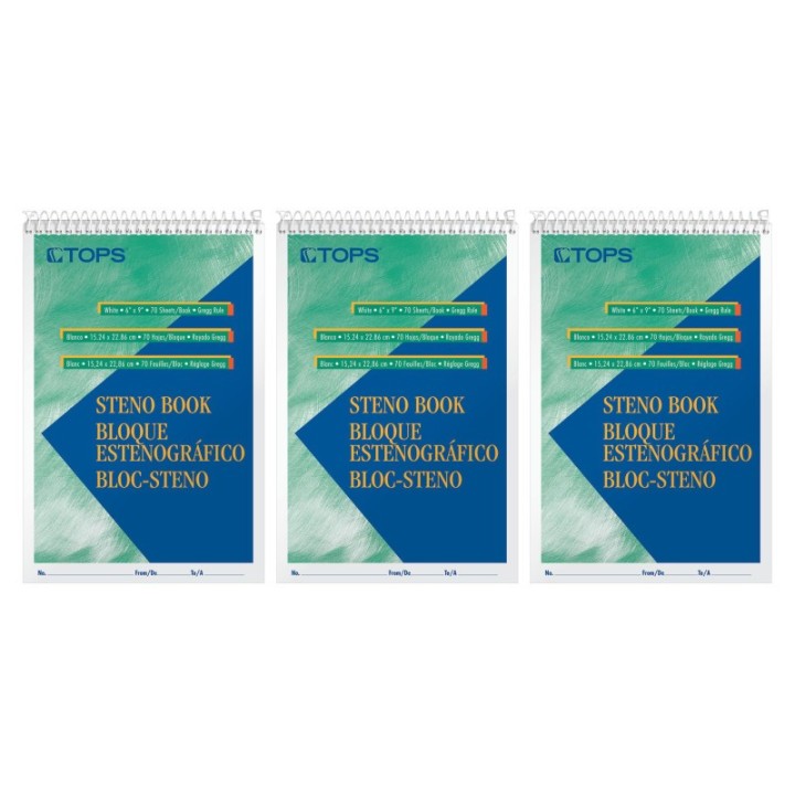 TOPS™ Steno Books, 6" x 9", Gregg Rule, 80 Sheets, Pack of 3
