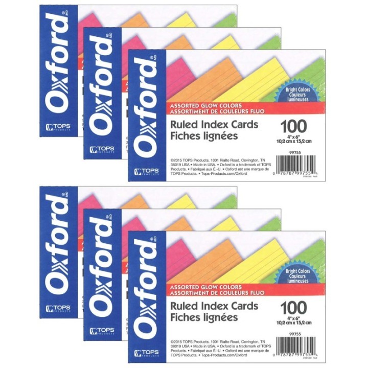 Oxford® Glow Index Cards, 4" x 6", 100 Per Pack, 6 Packs