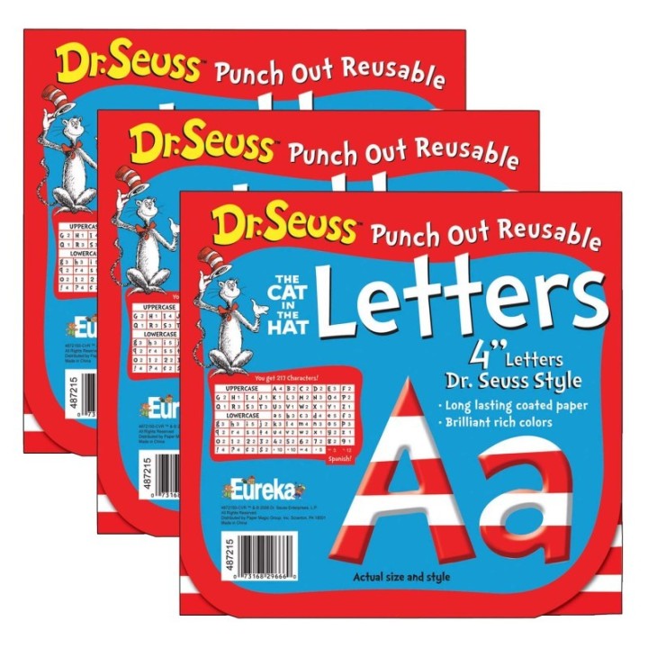 Eureka® Dr. Seuss™ Stripes Reusable Punch Out Deco Letters, 4", 217 Pieces Per Pack, 3 Packs