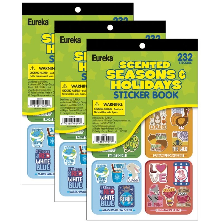 Eureka® Seasons & Holidays Scented Stickerbook, 232 Stickers Per Book, Pack of 3