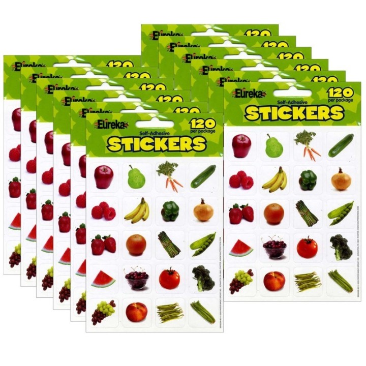 Eureka® Fruits & Vegetables Theme Stickers, 120 Per Pack, 12 Packs
