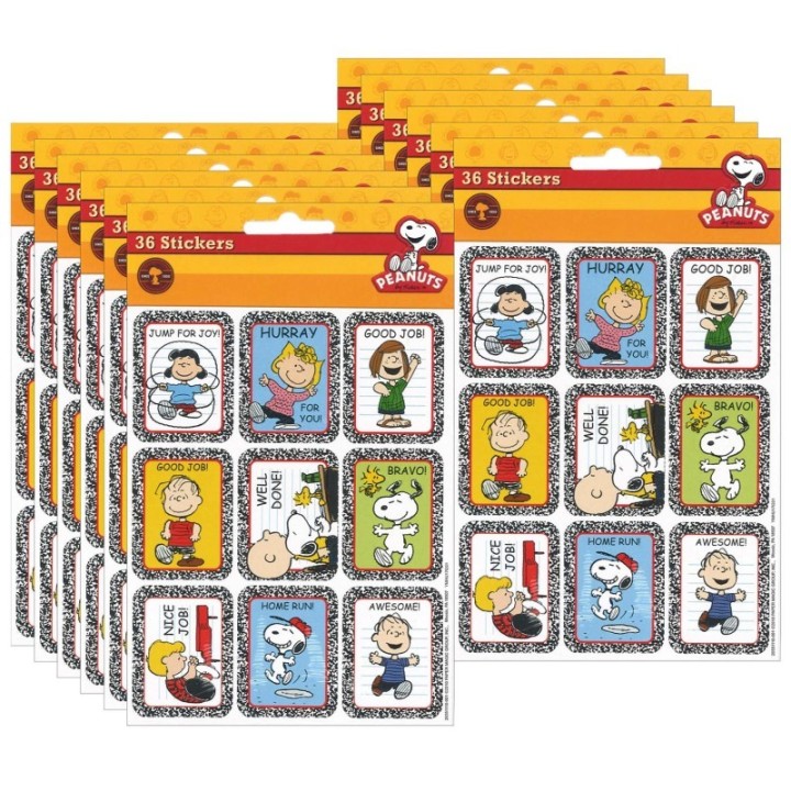 Eureka® Peanuts® Motivational Sticker, 36 Per Pack, 12 Packs
